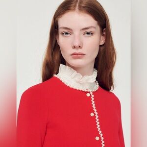 Sandro Red Cardigan with Pearl Trim NWT